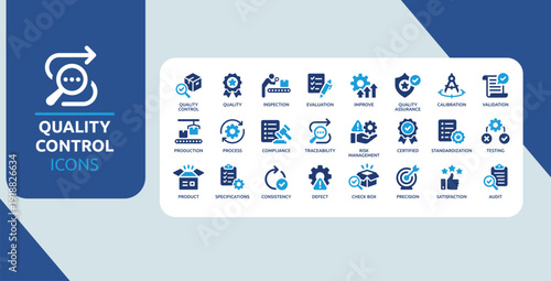 Quality Control and Assurance Icon Set Blue Inspection Testing Compliance Certification Audit Process Symbols