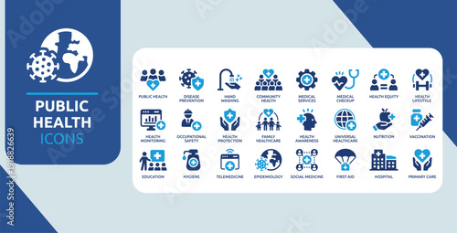 Public Health and Community Care Icon Set Blue Medical Prevention Hygiene Vaccination Hospital Awareness Symbols