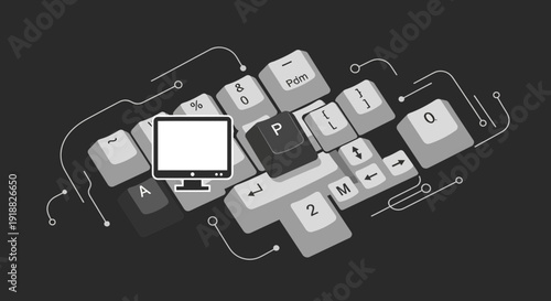 computer keyboard with monitor and wires on black background