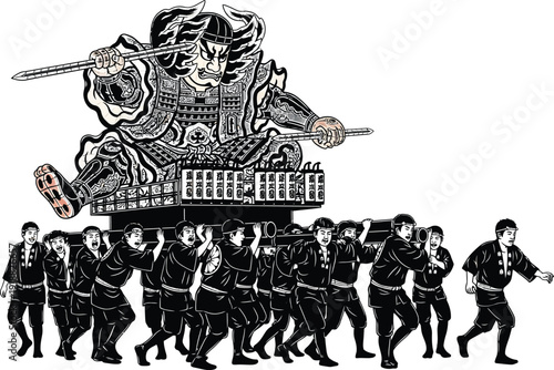 Japanese warrior deity on a portable shrine, carried by men during a festival procession, traditional illustration style