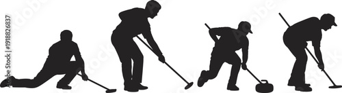 Curling player silhouette set sweeping ice with broom and stone in various poses, isolated on white background. Winter sport athlete action collection.