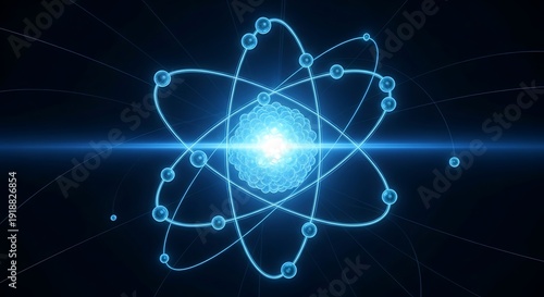 Detailed blue atomic model with bright nucleus and orbiting particles against dark background