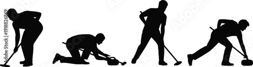 Curling player silhouette set sweeping ice with broom and stone in different poses, isolated on white background. Winter sport athlete action collection for competition.