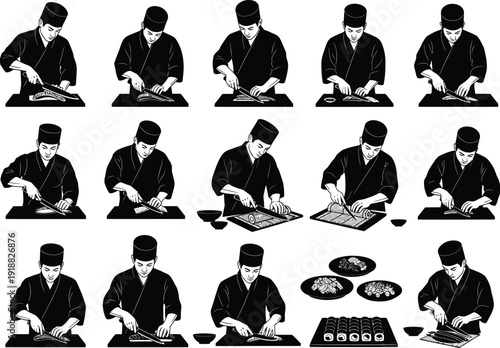 Japanese chef preparing sushi with different knife techniques, presented in a grid of isolated black and white illustrations