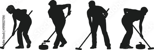 Curling player silhouette set sweeping ice with broom and stone, isolated on white background. Winter sport athlete action collection for competition, training and teamwork.