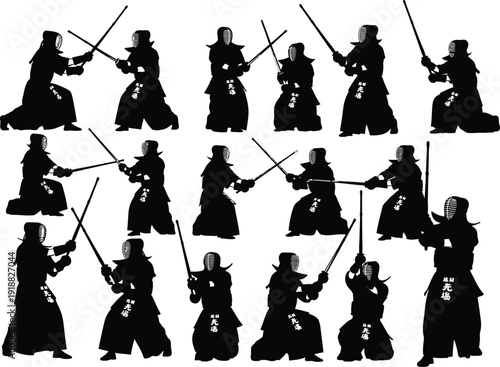 Dynamic silhouettes of Kendo practitioners in protective gear sparring and practicing sword fighting techniques, isolated