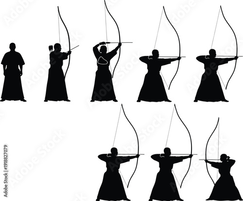 Japanese archery (Kyudo) stances: Ashibumi to Zanshin, illustrated as silhouettes of archers with bows and arrows, depicting the steps of the shot