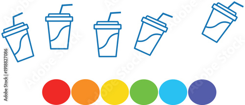 Takeaway coffee cup icons collection with colorful circle palette and line art vector illustration design set