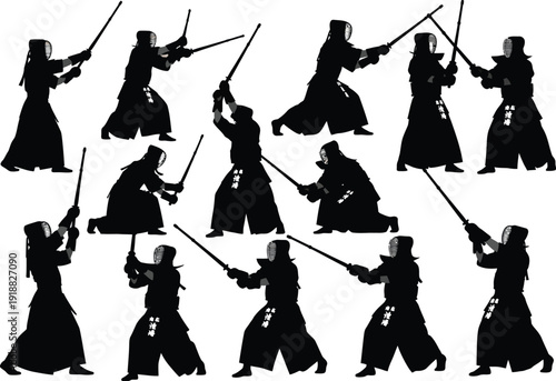 Silhouettes of Japanese Kendo athletes engaged in combat, showcasing stances and sword movements in a collection of illustrations