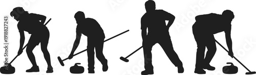 Curling players silhouette collection sweeping ice with broom and stone, isolated on white background. Winter sport athlete action set for competition, teamwork and strategy.