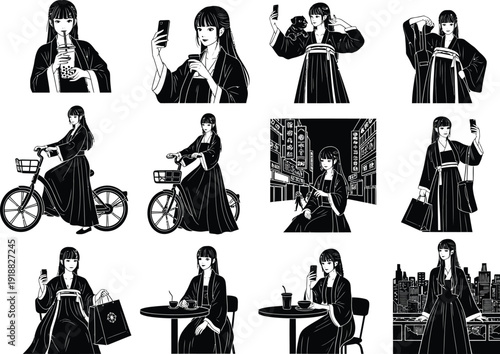 Modern Chinese woman in traditional attire using smartphone: selfies, boba tea, shopping, and cycling in the city.