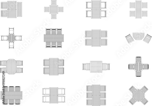 Outdoor seating layout, seating arrangement, floor plan, furniture layout, seat plan, dining table, restaurant, lounge, garden, outdoor, architectural, blueprint, top view, symbol, editable stroke