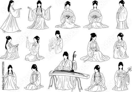 Elegant young women in traditional Chinese attire, posed gracefully, playing instruments and holding fans.