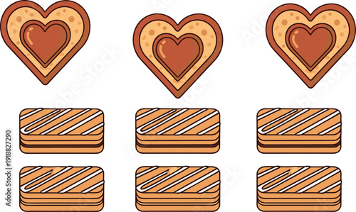 Sweet biscuit cookies set heart shaped chocolate filled bakery snack vector illustration isolated collection design