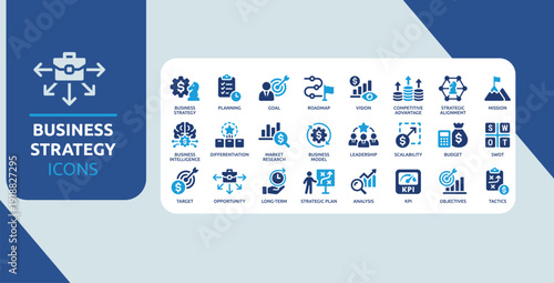 Modern Business Strategy Icon Set Blue Corporate Planning Vision KPI SWOT Leadership Analytics Symbols