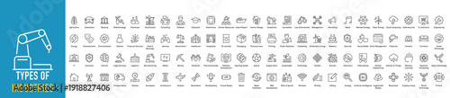 Types of Industries Outline Icon Set Business Sectors and Economic Categories Minimal Line Symbols Collection