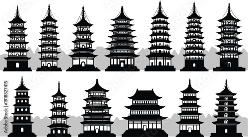 Collection of traditional Chinese pagoda towers and pagodas in silhouette against a mountainous landscape.