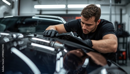A professional applies a protective polyurethane film to the vehicle, focusing on detailing and styling while smoothing the surface