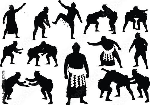 Dynamic silhouettes of sumo wrestlers in various poses, capturing the power and intensity of Japanese traditional wrestling.