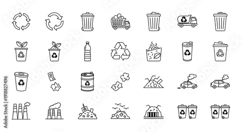 A collection of black line icons depicting recycling and waste management concepts.