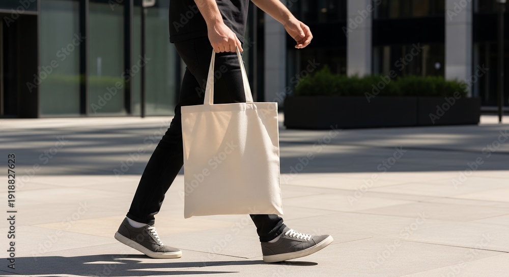 Man walking outdoors in an urban setting holding a blank tote bag mockup