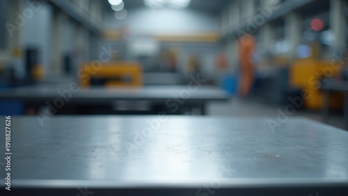 Wallpaper Mural Empty Steel Tabletop with Blurred Factory Background for Business Presentation Torontodigital.ca