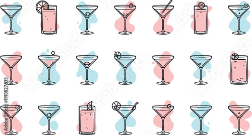 A delightful collection of stylized cocktail illustrations showcasing various martini and highball glasses with pink and blue watercolor accents suitable for bar menus or celebration graphics