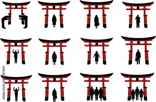 Collection of Torii gates with diverse silhouette figures interacting, representing Japanese Shinto shrines and cultural traditions.