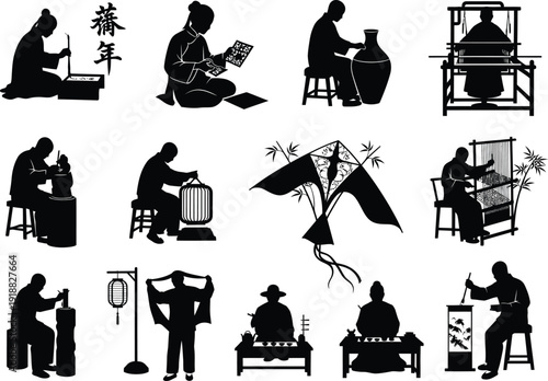 Silhouettes of Japanese artisans engaged in traditional crafts like pottery, weaving, calligraphy, and kite making, depicting cultural heritage.