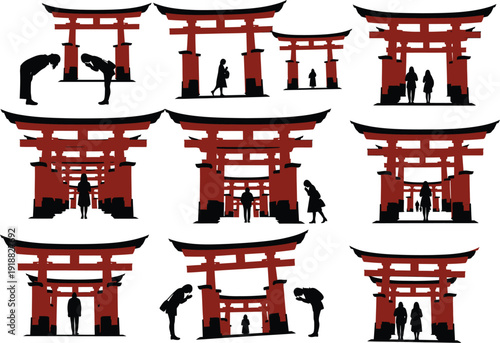 Various red Torii gates with silhouette figures in different poses, including bowing and standing, showcasing Japanese cultural rituals.