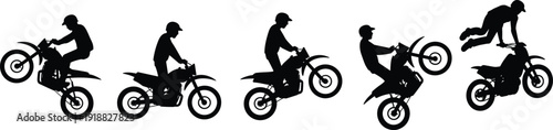 Motocross rider silhouette collection performing freestyle stunts and wheelie tricks on dirt bike, isolated on white background. Extreme sport action set for racing.