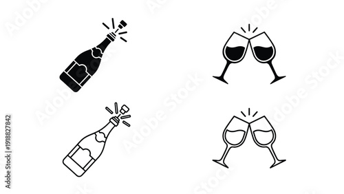 Wine and glasses toast vector icon set flat design - Line and glyph icon set - Stickers and Clipart - PNG and SVG Icon collection - Lineal icons - Editable icon