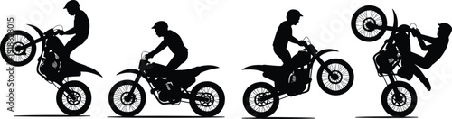 Motocross rider silhouette set performing wheelie stunts on dirt bike, isolated on white background. Extreme sport action collection for racing, freestyle and adventure.