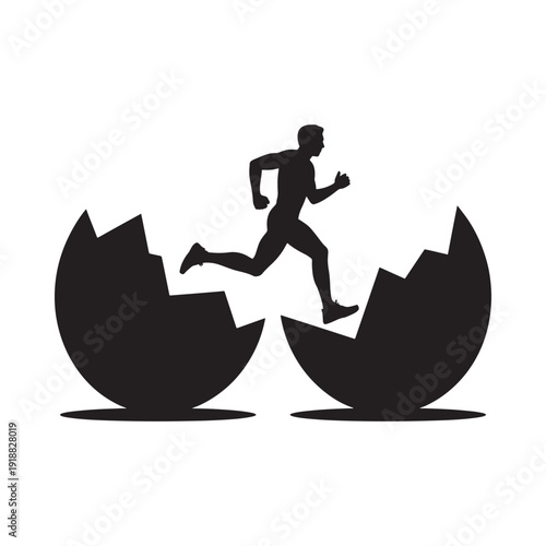 A silhouetted figure emerges from a broken eggshell symbolizing new beginnings