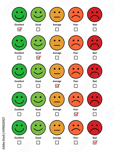 Satisfaction rating scale featuring colorful emoji icons and checkboxes with red check marks