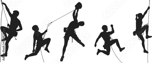 Silhouette collection of rock climbers and rappelling athletes on rope, extreme outdoor adventure sport poses, climbing equipment figures isolated on white background illustration.