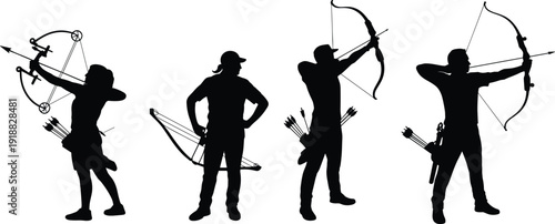 Silhouette set of archers aiming with bow and arrow, compound and recurve archery athletes in different poses, isolated black figures on white background.