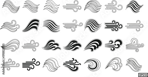 Collection of modern swirling wind wave graphics and illustrations