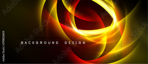 Abstract design features vibrant yellow, orange glows. Dynamic curves create energetic visual impact. Dark background enhances luminosity.
