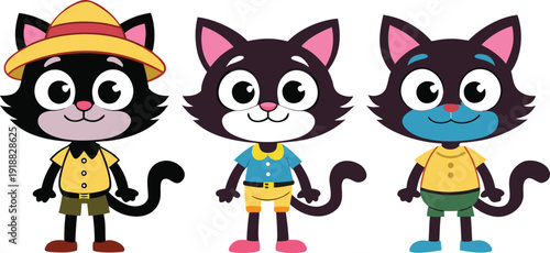 Three cartoon cats with different facial expressions and outfits