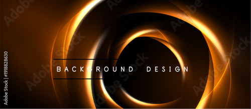 Abstract golden lines form circular shapes. Dark background enhances glowing effect. Modern design element for projects.