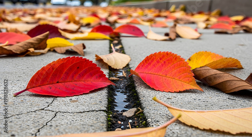 Macro shot of colorful fallen maple leaves lying on a wet pavement crack with a blurred background of a seasonal street landscape