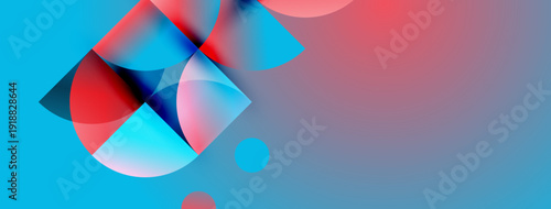 Abstract shapes blend vibrant blues, reds, whites. Gradient background creates dynamic visual effect. Modern design, clean aesthetic.