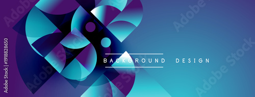 Abstract geometric shapes overlap, creating vibrant blue purple gradients. Modern design suggests technology, innovation, energy. Background features text elements.