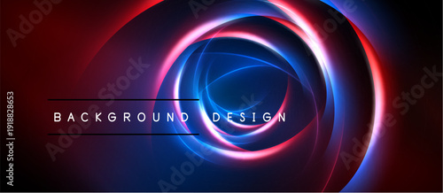Abstract neon circles overlap, creating vibrant red, blue glow. Dark background emphasizes luminous design elements. Text reads background design.