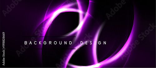 Abstract purple design. Glowing curves create dynamic, modern background. Text reads background design. Dark shades dominate composition.