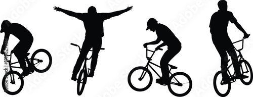 Silhouette set of BMX riders performing freestyle tricks, extreme cycling stunts and jumps, urban street sport athletes on bicycle isolated on white background.