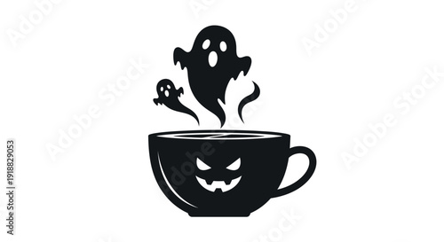 Halloween themed vector illustration of a ghost rising from a black coffee cup with a jack-o-lantern face.