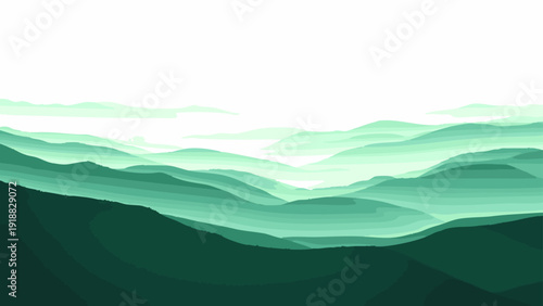 Vector Abstract emerald layered mountain range, with peaks fade into an ethereal light, evokes a sense of depth and tranquility. A gradient composition.