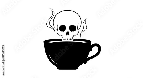 Vector illustration of a skull in a steaming cup, symbolizing danger or death by coffee